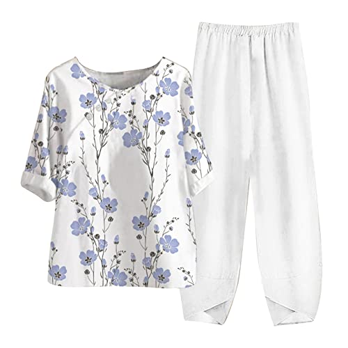 AACH Zweiteiler Damen Sommer Elegant Freizeithose Leinen Outfit GroßE GrößE 2 Teiler Hosenanzug Set Lässig Kurzarm Oberteil und Weite Hose Caprihose deals of the day damen von AACH