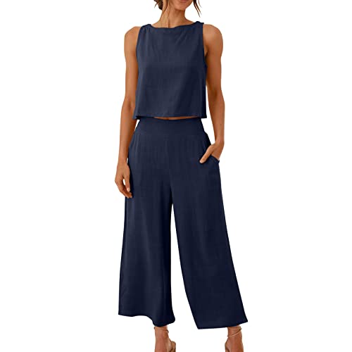 Zweiteilige Damen Outfits Leinen Freizeitanzug Sommer Tank Top und Hose 2 Teiler Hosenanzug Casual Einfarbig Jogginganzug Elegant Leicht Loungewear mit Taschen Strand Leinenanzug von AACH