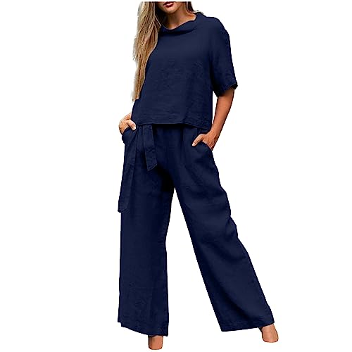 AACH amazon warehouse deal Leinenanzug Damen Zweiteiler Sommer Freizeit Hosenanzug Elegant 2 Teiler Freizeitanzug Leinen Set Loungewear Weite Hose und Rundhals Tshirt Zweiteilige Locker von AACH