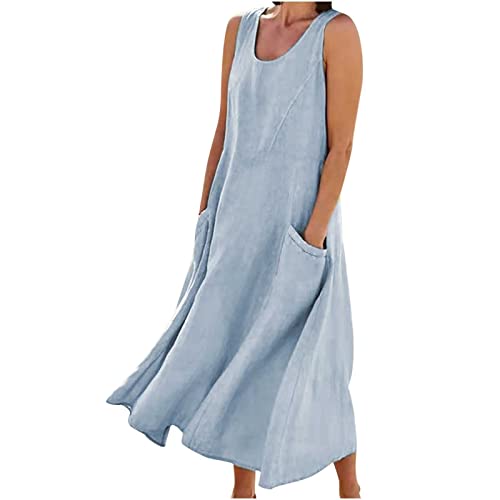 AACH blitzangebote des Tages aktuell Kleider Damen Elegant Leinenkleid Ärmellos Lockeres Strandkleid Lang Klassisch Kleid mit Tasche Freizeitkleider Luftig Festtagskleid Einfarbiges Sommerkleid von AACH