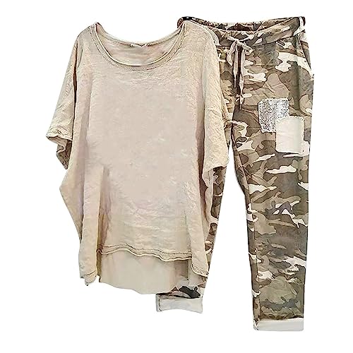 Damen Leinen Zweiteiler Outfit Sommer Hose und T-Shirt 10 Teiler Anzug Casual Tarnhose Freizeitanzug Set Einfarbige Leinenanzug Sportanzug Sommer Leicht Loungewear Hosenanzug von AACH