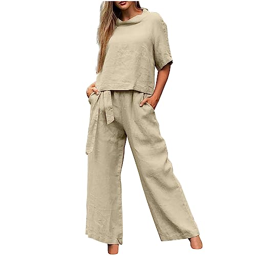 AACH sale damen Leinenanzug Damen Zweiteiler Sommer Freizeit Hosenanzug Elegant 2 Teiler Freizeitanzug Leinen Set Loungewear Weite Hose und Rundhals Tshirt Zweiteilige Locker von AACH