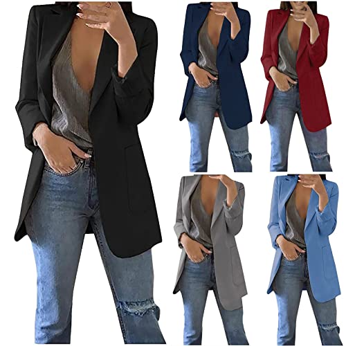 Damen Blazer Sportlich Elegant Anzugjacke Festlich Formelle Longblazer Offene Vorderseite Businessjacke Slim Fit Einfarbig Sakko Anzug Keine Knöpfe Mantel mit Taschen Sweatblazer von AACH