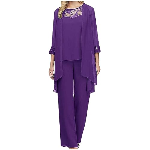 Damen Festlich Anzug Set Chiffon Tank Top + Langarm Cardigen + Lange Hose Weites Bein Anzughose Brautmutter Hosenanzüge für Hochzeit Locker Elegant blitzangebote von AACH