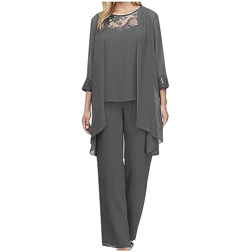 Damen Festlich Anzug Set Chiffon Tank Top + Langarm Cardigen + Lange Hose Weites Bein Anzughose Brautmutter Hosenanzüge für Hochzeit Locker Elegant deal des tages von AACH