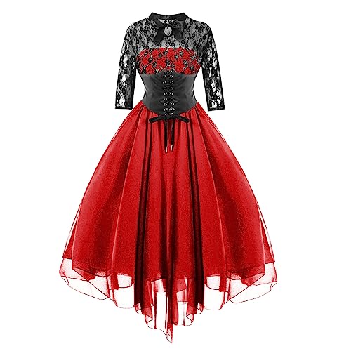 Damen Halloween Kleid Gothic Vintage Spitzenkleid Sexy Spitze Kleider Mittelalter Party Abendkleid Cosplay Kostüm Bound Waist Elegantes Partykleid Klassisch A Linie Festkleid von AACH