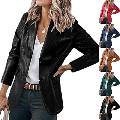 Damen Lederjacke Kunstleder Blazer Motorradstil Jacken Vintage Jacke Einreihige Reverskragen Kurzblazer Leder Temperament Lederblazer Langarm Baggy Mantel Freizeit Passform Motorradjacke von AACH