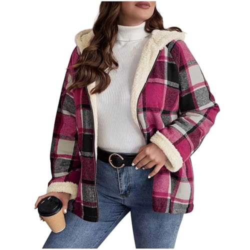 Damen Winterjacke Kariert Dicke Fleecejacke Fleece Gefütterte Steppmantel Winter Wärmen Wintermantel mit Kapuze Freizeitjacke Stylisches Baggy Teddyjacke Vintage Vielseitige Jacke Outwear von AACH