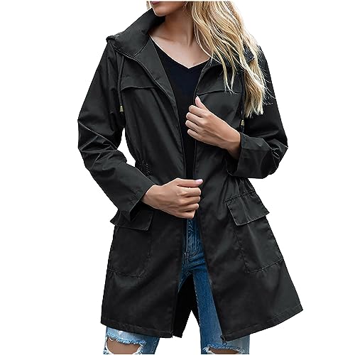 Dünne Regenjacke Damen Wasserdichte Jacke Lange Schmaler Regenparka Klassische Windbreaker mit Kapuze Wanderjacke Outdoor Sportlich Übergangsjacke Trendiges Kordelzug Outdoorjacke von AACH