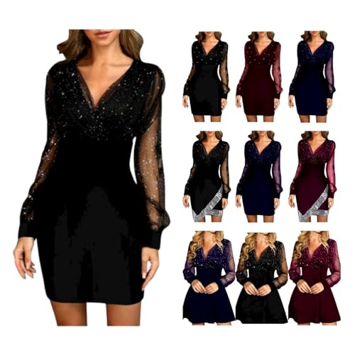 Glitzer Kleid Damen V-Ausschnitt Kleider Elegante Kleid Festlich Abendkleider Silvester Partykleid Langarm A-Linien Abendkleid Frauen Festliches Kleidjogginghose Herren Sale von AACH