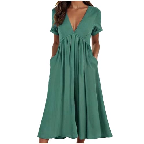 Sommerkleid Damen Leinen Kleider Kurzarm Kleid V-Ausschnitt Freizeitkleid Große größen Sommerkleider Casual A-Linie Strandkleid Knielanges Einfarbig Midikleid Strand Strandkleider von AACH