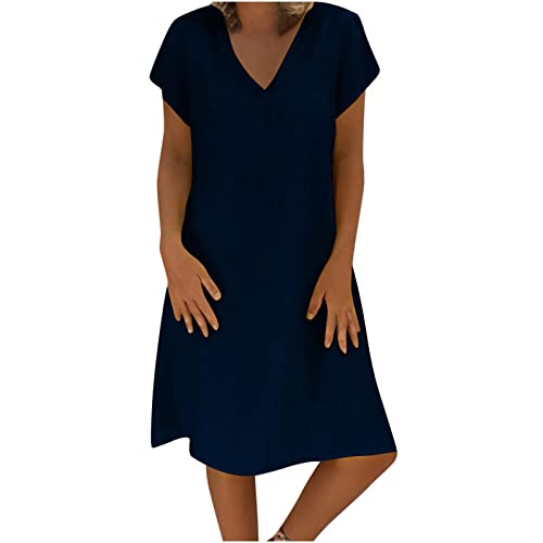 Sommerkleid Damen Leinen Kleider Kurzarm Kleid V-Ausschnitt Freizeitkleid Große größen Sommerkleider Casual A-Linie Strandkleid Knielanges Einfarbig Midikleid Strand Strandkleider von AACH