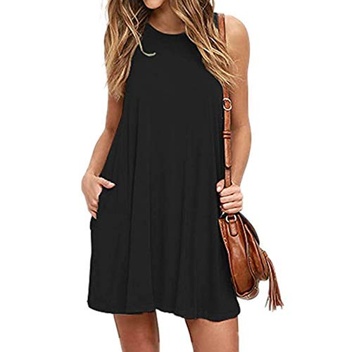 Sommerkleider Damen Leicht und Luftig Strandkleid Kurz Sommer Kleid Casual Elegant Kleider Rundhals Ärmellos Freizeitkleider Alltag Locker Shirtkleid mit Taschen Minikleid Party Tankkleid von AACH