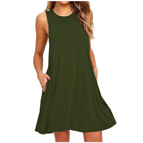 Sommerkleider Damen Leicht und Luftig Strandkleid Kurz Sommer Kleid Elegant Casual Kleider Ärmellos Rundhals Freizeitkleider Alltag Locker Shirtkleid mit Taschen Minikleid Party Tankkleid von AACH