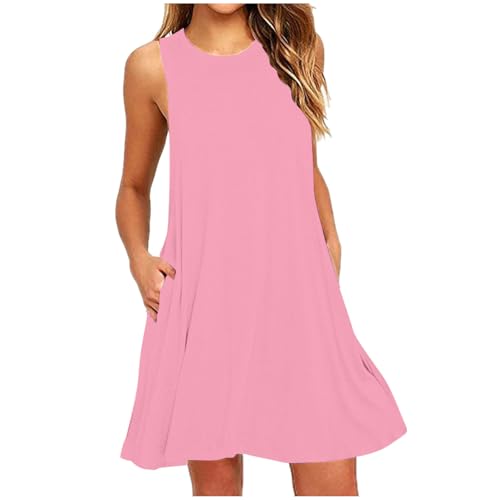 Sommerkleider Damen Leicht und Luftig Strandkleid Kurz Sommer Kleid Elegant Casual Kleider Rundhals Ärmellos Freizeitkleider Alltag Locker Shirtkleid mit Taschen Minikleid Party Tankkleid von AACH