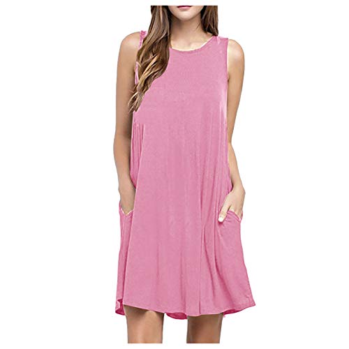 Sommerkleider Damen Leicht und Luftig Strandkleid Kurz Sommer Kleid Elegant Casual Kleider Rundhals Ärmellos Freizeitkleider Alltag Locker Shirtkleid mit Taschen Minikleid Party Tankkleid von AACH
