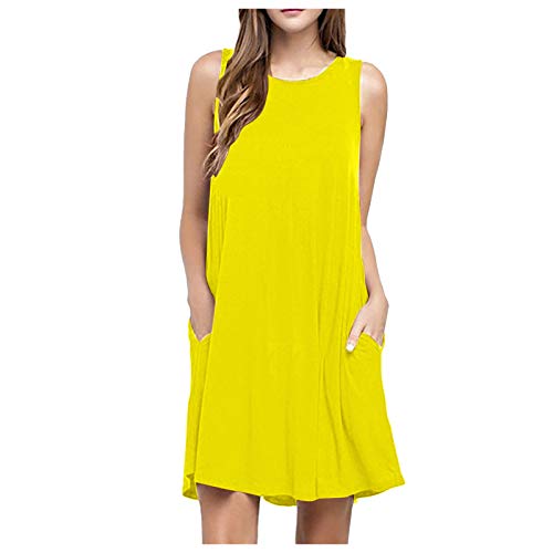 Sommerkleider Damen Leicht und Luftig Strandkleid Kurz Sommer Kleid Elegant Casual Kleider Rundhals Ärmellos Freizeitkleider Alltag Locker Shirtkleid mit Taschen Minikleid Party Tankkleid von AACH