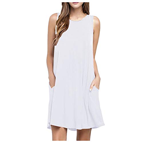 Sommerkleider Damen Leicht und Luftig Strandkleid Kurz Sommer Kleid Elegant Casual Kleider Rundhals Ärmellos Freizeitkleider Alltag Locker Shirtkleid mit Taschen Minikleid Party Tankkleid von AACH