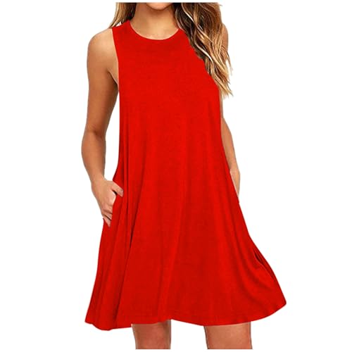 Sommerkleider Damen Leicht und Luftig Strandkleid Kurz Sommer Kleid Elegant Casual Kleider Rundhals Ärmellos Freizeitkleider Alltag Locker Shirtkleid mit Taschen Minikleid Party Tankkleid von AACH