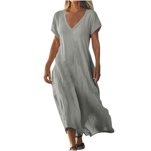 Strandkleid Damen Lang Sommerkleider Elegant Kurzarm Freizeitkleid Lose Boho Maxikleid V-Ausschnitt Kleider Baumwolle Leinen Kleid Einfarbig Beach Leinenkleid Casual Fließend Blusenkleid von AACH