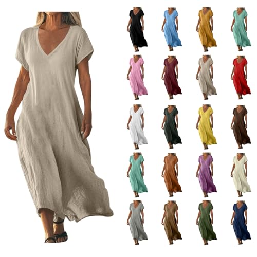 Strandkleid Damen Lang Sommerkleider Elegant Kurzarm Freizeitkleid Lose Boho Maxikleid V-Ausschnitt Kleider Baumwolle Leinen Kleid Einfarbig Beach Leinenkleid Casual Fließend Blusenkleid von AACH
