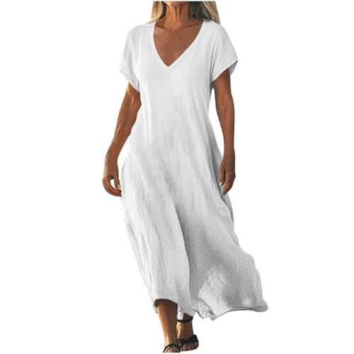 Strandkleid Damen Lang Sommerkleider Elegant Kurzarm Freizeitkleid Lose Boho Maxikleid V-Ausschnitt Kleider Baumwolle Leinen Kleid Einfarbig Beach Leinenkleid Casual Fließend Blusenkleid von AACH