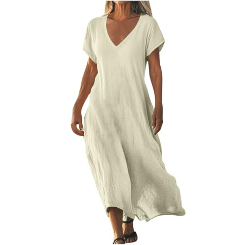 Strandkleid Damen Lang Sommerkleider Elegant Kurzarm Freizeitkleid Lose Boho Maxikleid V-Ausschnitt Kleider Baumwolle Leinen Kleid Einfarbig Beach Leinenkleid Casual Fließend Blusenkleid von AACH