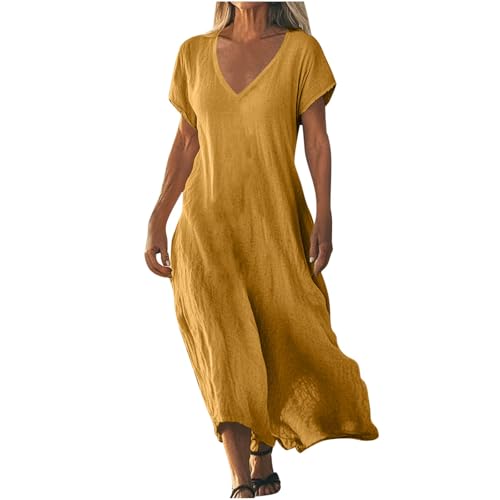 Strandkleid Damen Lang Sommerkleider Elegant Kurzarm Freizeitkleid Lose Boho Maxikleid V-Ausschnitt Kleider Baumwolle Leinen Kleid Einfarbig Beach Leinenkleid Casual Fließend Blusenkleid Strandkleid Damen Lang Sommerkleider Elegant Kurzarm Freizeitkleid Lose Boho Maxikleid V-Ausschnitt Kleider Baumwolle Leinen Kleid Einfarbig Beach Leinenkleid Casual Fließend Blusenkleid von AACH