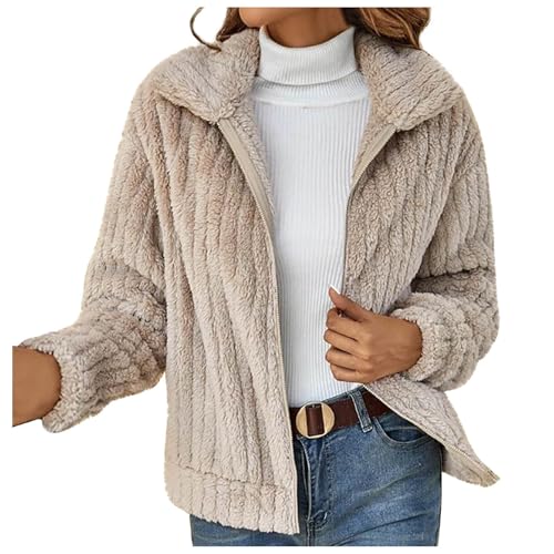 Teddy Fleecejacke Damen Kurz Jacket Winter Verdickt Teddyjacke Lammwolle Einfarbig Fleecemantel Reverskragen Zipper Stricken Pulli Langärmelige Lose Kuscheljacke Ohne Kapuze Plüschjacke von AACH