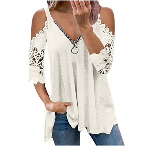 Tshirt Damen Elegant Oversize Oberteile Elegant Tshirt Off Shoulder Blusenshirt Beiläufig Spitze Oberteile Mode Kurzarm Shirt Longshirt Elegante Stretchy Amazon Warehouse Deal von AACH