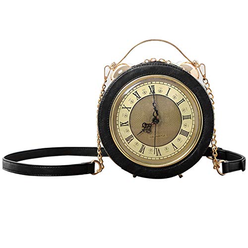 AAFLY Clock Bag Echt Arbeiten, Vintage-Umhängetasche Messenger Bag, Steampunk-Stil-Form Ledertasche Kreishandtaschen-Ketten-Schulter Weibliche Tasche (Black) von AAFLY