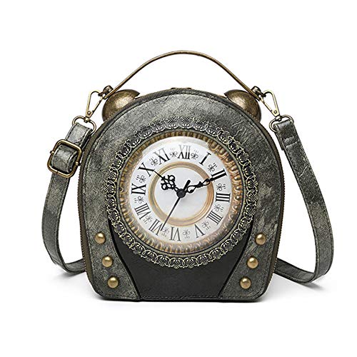 Echte Arbeitsuhr Handtaschen Antike Uhr Design Frauen Abend Cross Body Umhängetasche, Pu Leder Retro Vintage Steampunk Style Cross Body Umhängetasche für Frauen Mädchen (Gray) von AAFLY