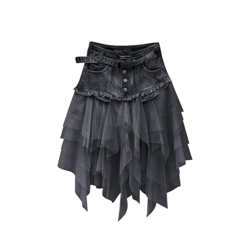 AAIXXIZAO Hübscher Rock Bleistiftrock Damen Vintage Mesh Jean Röcke Gothic Unregelmäßiger Jeans Rock Mit Gürtel Rock Für Frauen Böhmisch Hohe Taille Knopf Mini Röcke M Schwarz von AAIXXIZAO