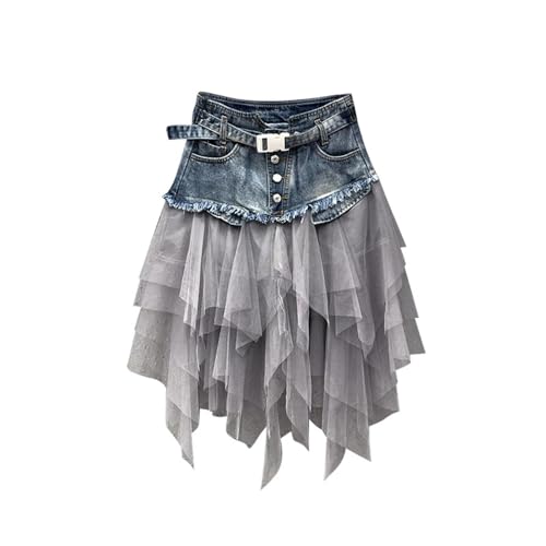 AAIXXIZAO Hübscher Rock Bleistiftrock Damen Vintage Mesh Jean Röcke Gothic Unregelmäßiger Jeans Rock Mit Gürtel Rock Für Frauen Böhmisch Hohe Taille Knopf Mini Röcke XL Blau von AAIXXIZAO