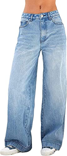 AALLYN Lässige Damen-Jeans mit niedrigem Bund, Baggy-Jeans mit weitem Bein, Boyfriend-Denim-Bein, Dehnbare Denim-Hose(Size:Small,Color:Blau) von AALLYN