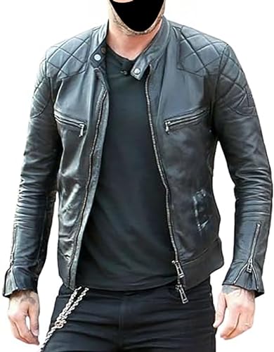 AAOutfitz Herren Café Racer David Beckham gesteppte schwarze Lederjacke, Schwarz - Leder, M von AAOutfitz