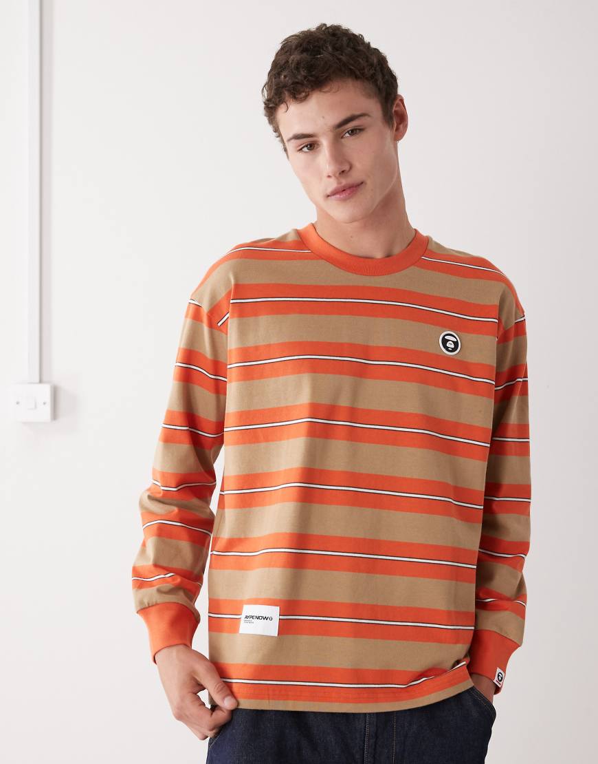 AAPE BY A BATHING APE - Langärmliges Boxy-Fit-T-Shirt in Braun und Orange mit Streifen-Bunt von AAPE BY A BATHING APE®