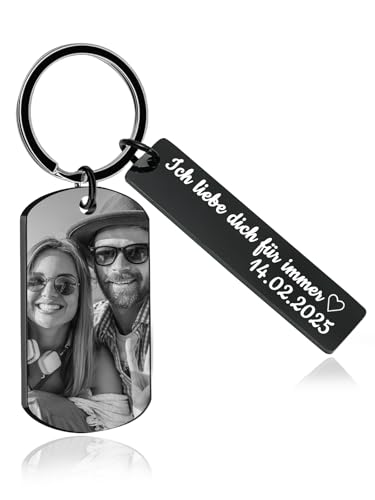 AAQ Personalisierter Schlüsselanhänger mit Foto - Personalisierte Foto Namen Schlüsselanhänger für Männer Frauen, Personalisierte Geschenke für Freund Freundin Valentinstag (02-Schwarz+Balken) von AAQ