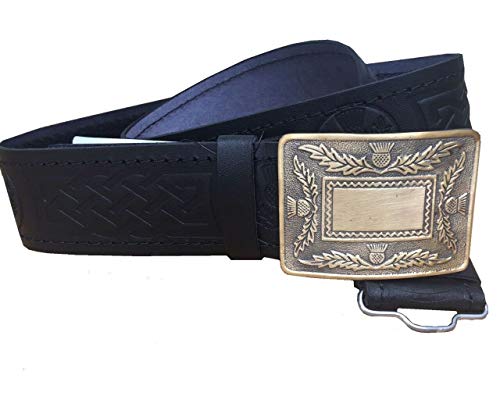 AAR Kilt-Gürtel aus schwarzem Leder mit Distel-Design, schottischer Highland-Kilt-Gürtel mit antiker Schnalle, 17041627, M von AAR