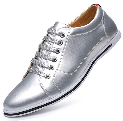 AARDIMI Herren Sneaker Casual Shoes Plus Size 38-50 PU Leather Sneakers Spring Autumn Lace Up Gold Silver Color Men Footwear(Hersteller-Größentabelle im Bild Beachten) (49, Silber) von AARDIMI