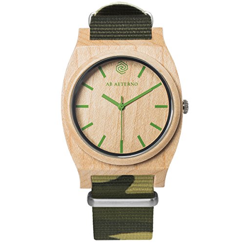 AB AETERNO Route Green Camouflage Ahornholz Schweizer Quarz hypoallergen Unisex Analog NATO Stoffuhr von AB AETERNO