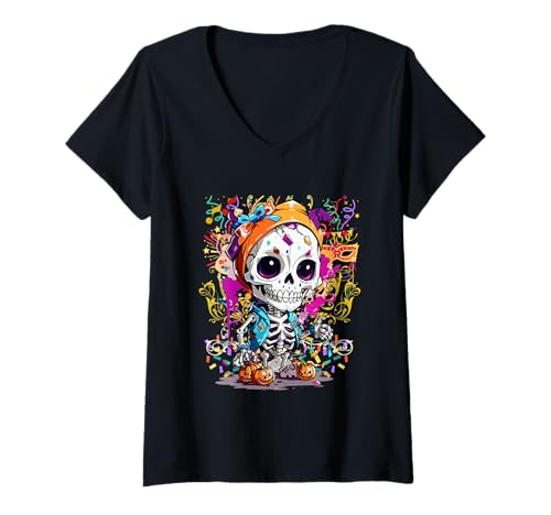 Damen Dia DeLos Muertos Mexikanischer Zuckerschädel Skelett Halloween T-Shirt mit V-Ausschnitt Damen Dia DeLos Muertos Mexikanischer Zuckerschädel Skelett Halloween T-Shirt mit V-Ausschnitt von AB Dia De Los Muertos