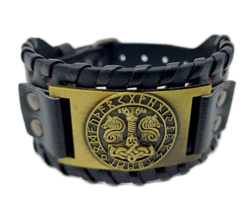 AB Viking Crafts Vikings Wikinger Armband Thors Hammer Mjölnir mit Odins Wölfen im Runenkreis Leder Metall schwarz antikgold von AB Viking Crafts