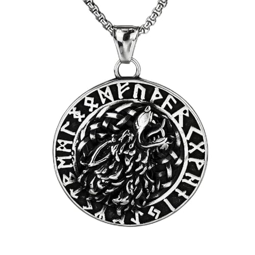 AB Viking Crafts Wikinger Edelstahl Anhänger (4 cm, silber) Wolfskopf im Runenkreis Rückseite Vegvisir 60 cm Edelstahlkette im Schmuckbeutel | Schutz Familie Freiheit Stärke Mut Loyalität (silber) von AB Viking Crafts
