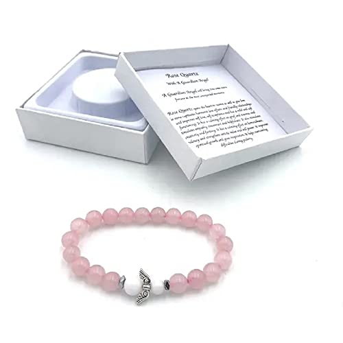 Handgefertigtes Rosenquarz Edelstein Armband mit Schutzengel in Geschenkbox | Glück Liebe Energie Familie von AB Viking Crafts