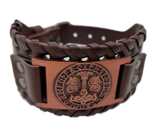 AB Viking Crafts Vikings Wikinger Armband Thors Hammer Mjölnir mit Odins Wölfen im Runenkreis Leder Metall braun kupfer von AB Viking Crafts