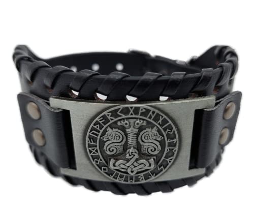 AB Viking Crafts Vikings Wikinger Armband Thors Hammer Mjölnir mit Odins Wölfen im Runenkreis Leder Metall schwarz silber von AB Viking Crafts