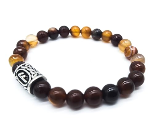Wikinger Futhark Rune Edelstein Armband (18/21 cm, Damen/Herren) in Geschenkbox | Schutz Glück Energie (18, Rune ANSUZ Braun bandierter Achat | Odin Weisheit Vision) von AB Viking Crafts