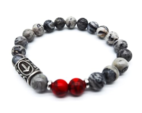 Wikinger Futhark Rune Edelstein Armband (18/21 cm, Damen/Herren) in Geschenkbox | Schutz Glück Energie (18, Rune TIWAZ Grauer Picasso Jaspis Roter Howlith | Odins Sohn Tyr Sieg Ehre) von AB Viking Crafts