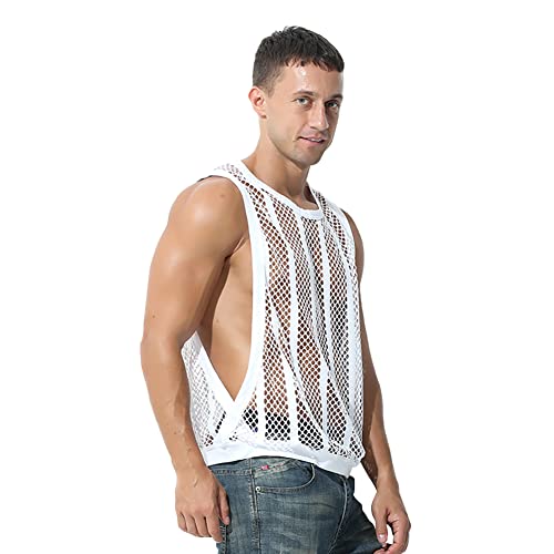 ABAFIP Ärmelloses Fischnetz-Netz-Tanktop für Herren, Baggy, Workout, Fitnessstudio, Muskelshirt, lockere Passform, Activewear, Sommer-T-Shirts, Weiß, S von ABAFIP